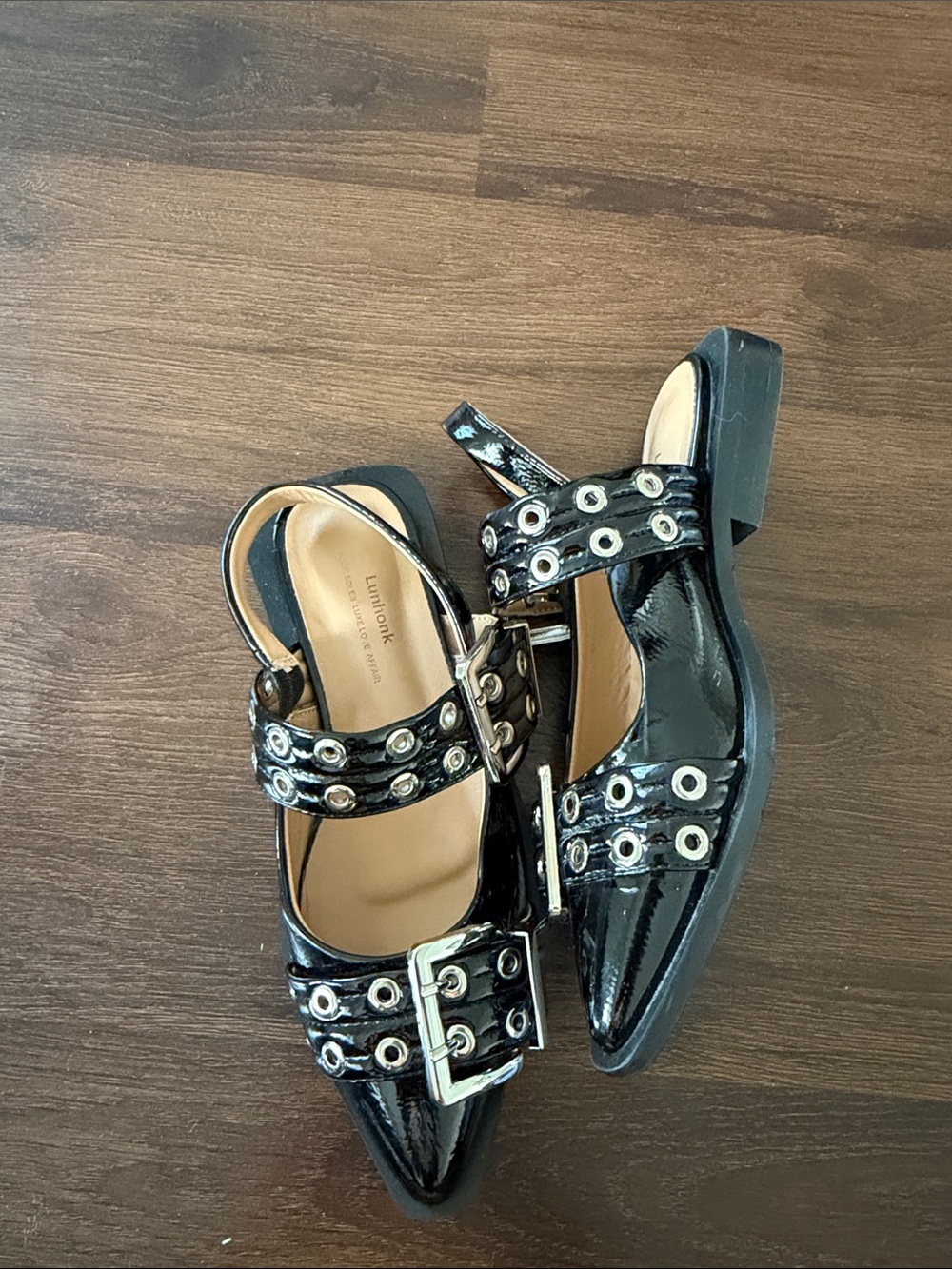 Target Black Patent Pointed Eyelet Buckle Slingback Mules